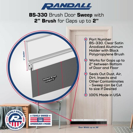 Randall 3' Clear Satin Anodized Brush Door Sweep For Gap Up To 2" 3 FT BS-330